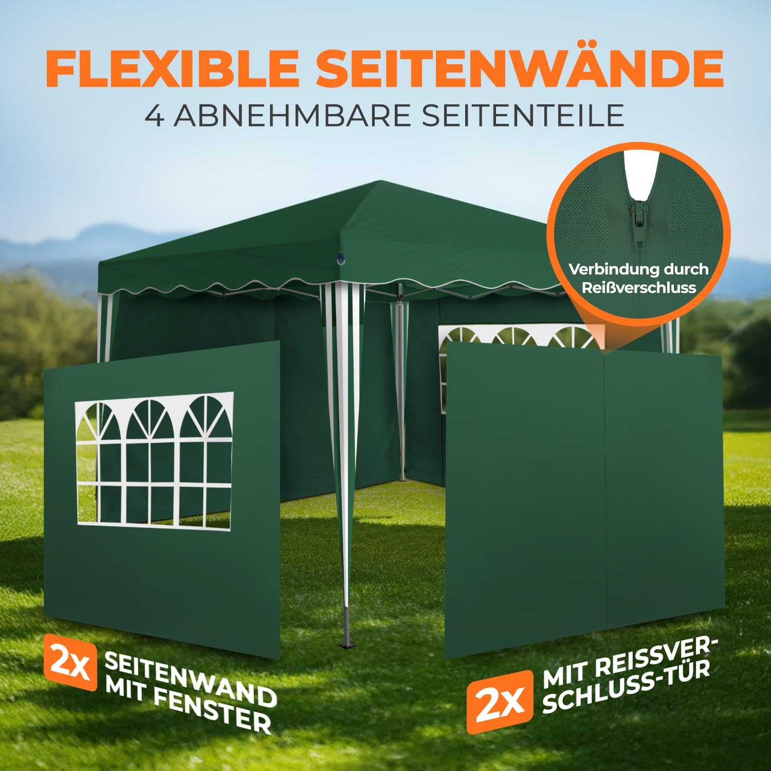 Kronenburg Faltpavillon wasserdicht Dachmaß 3 x 3 m UV Schutz 50+ Pavillon in Grün mit 4 Seitenteilen