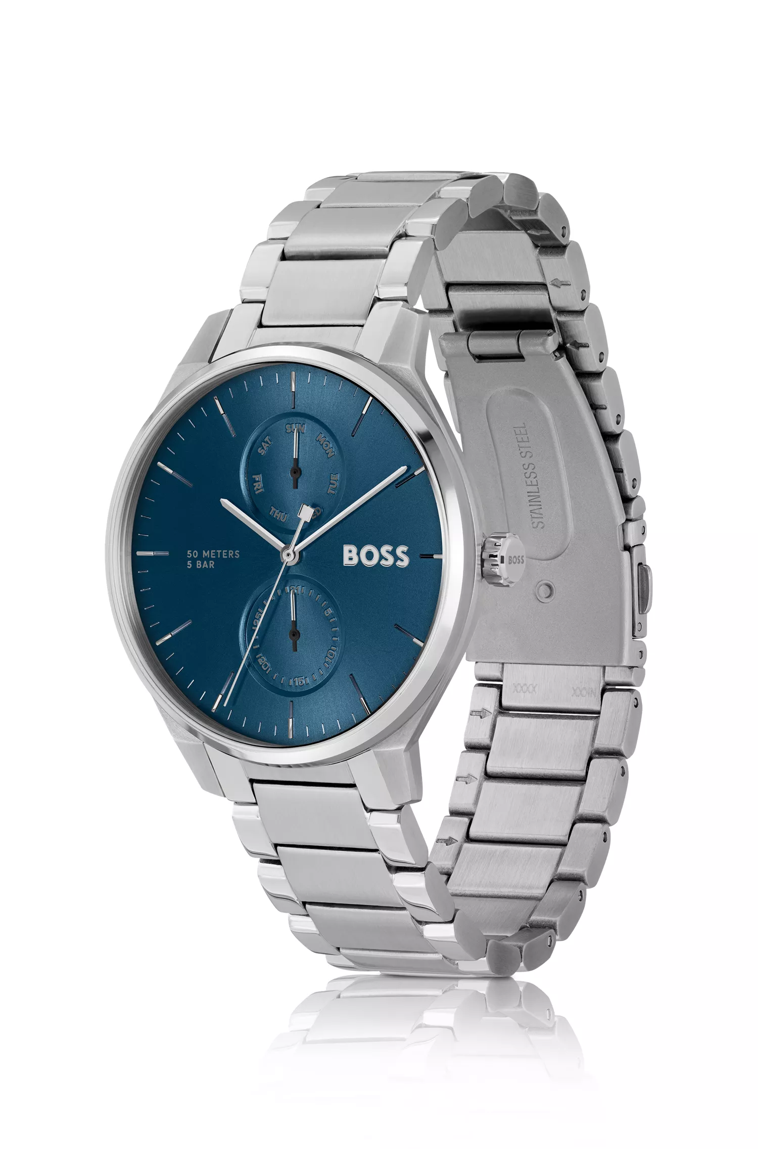 Relógio BOSS com mostrador preto e azul e pulseira de aço inoxidável.