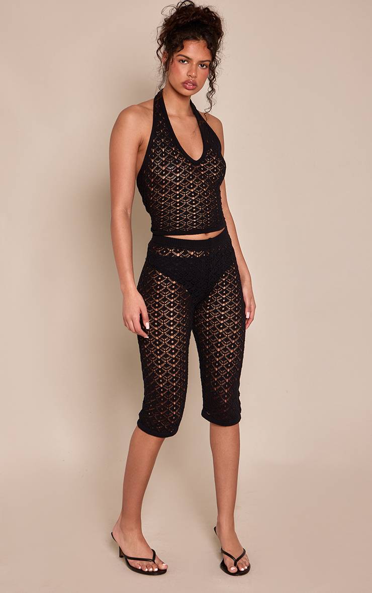 Noir Pantacourt Taille Mi-haute En Crochet Tricoté