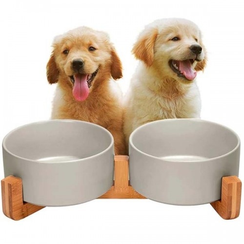 comedouro duplo de porcelana cinza Edipets para animais de estimação
