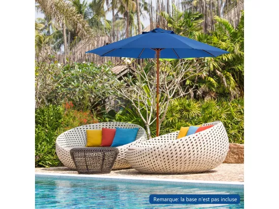 Parasol de Jardin Pliable 2,9M avec Mécanisme de Poulie à Corde Poteau en Bois 8 Baleines en Fibre de Verre pour Cour, Bleu