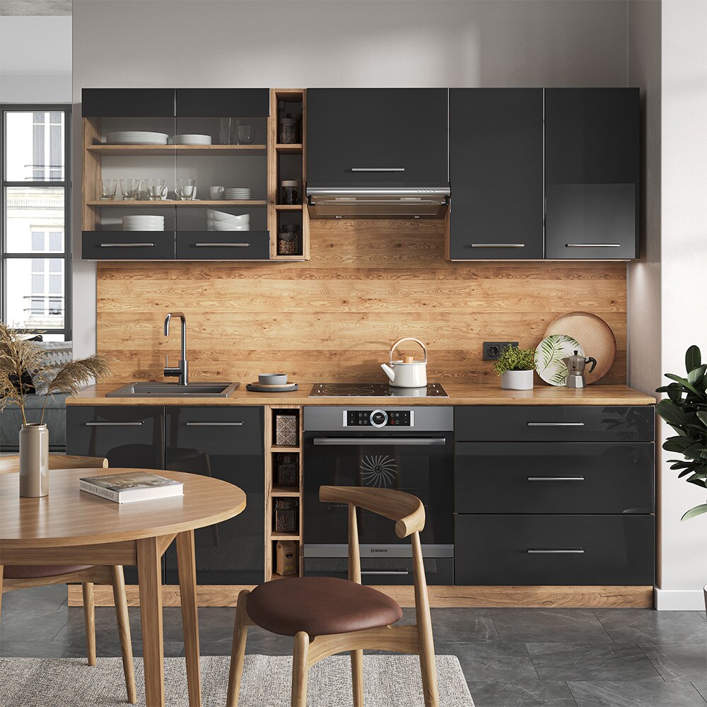 Vicco Küchenzeile Küchenblock Einbauküche Fame-Line Eiche Anthrazit 235 cm modern Hochglanz Küchen Schränke Hängeglasschrank Hängeschrank Schubladenunterschrank Spülenunterschrank Herdumbauschrank