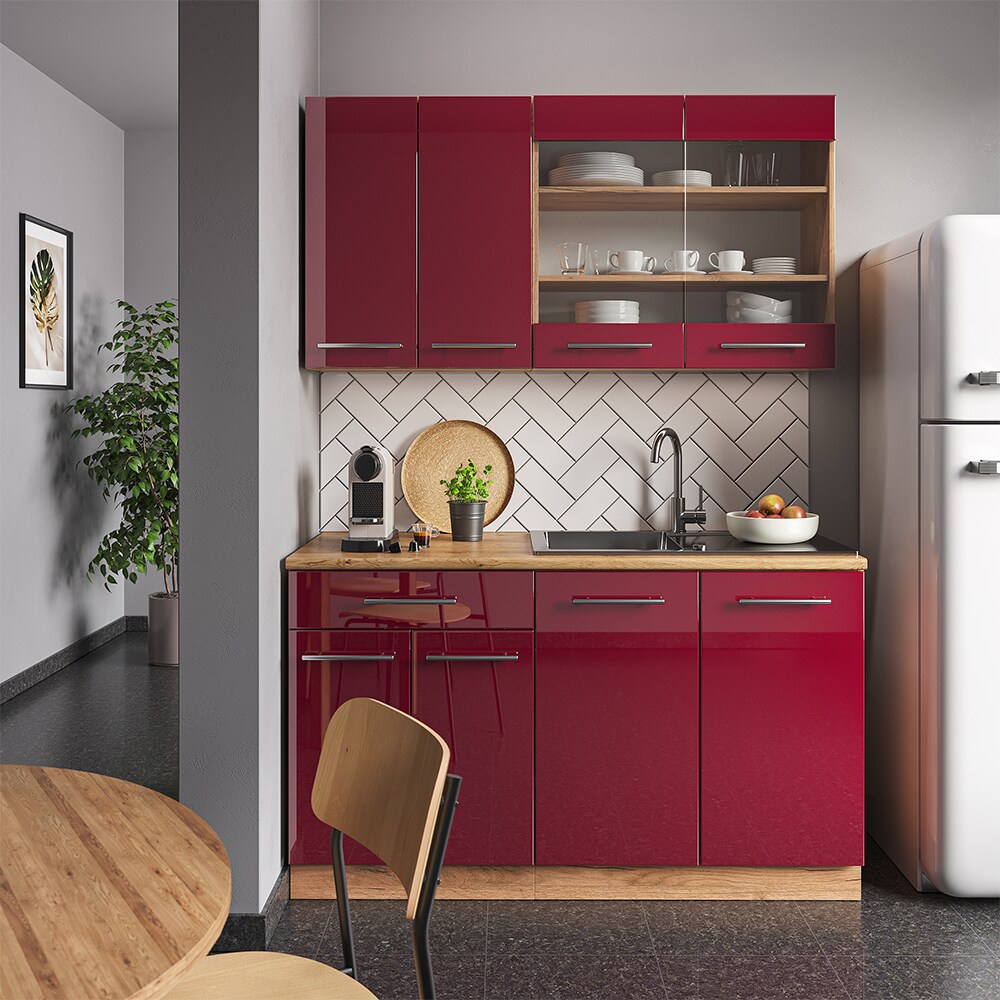 Vicco Küchenzeile Küchenblock Einbauküche Fame-Line Single Eiche Rot Bordeaux 140 cm modern Küchen Schränke Spülenunterschrank Schubunterschrank Hängeschrank Hängeglasschrank Hochglanz