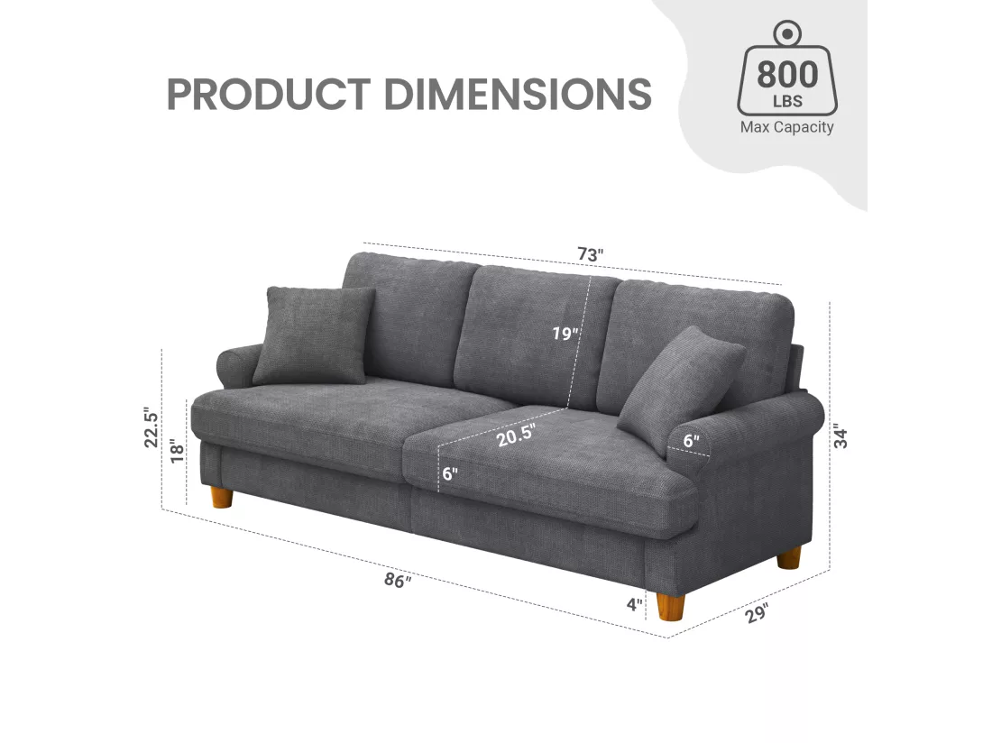 Canapé confort 3 places, Tissu en Chenille, avec accoudoirs,coussins et 2 oreillers, Charge max 365 kg - 220x76x86 cm
