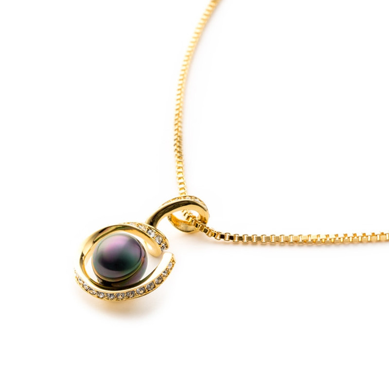 Pendentif Spirale et Perle de culture Noire et Plaqué or jaune