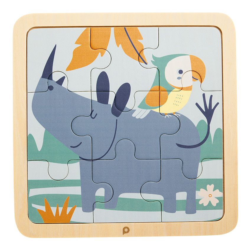 Puzzle 9 pièces en bois Rhinocéros - Ecru