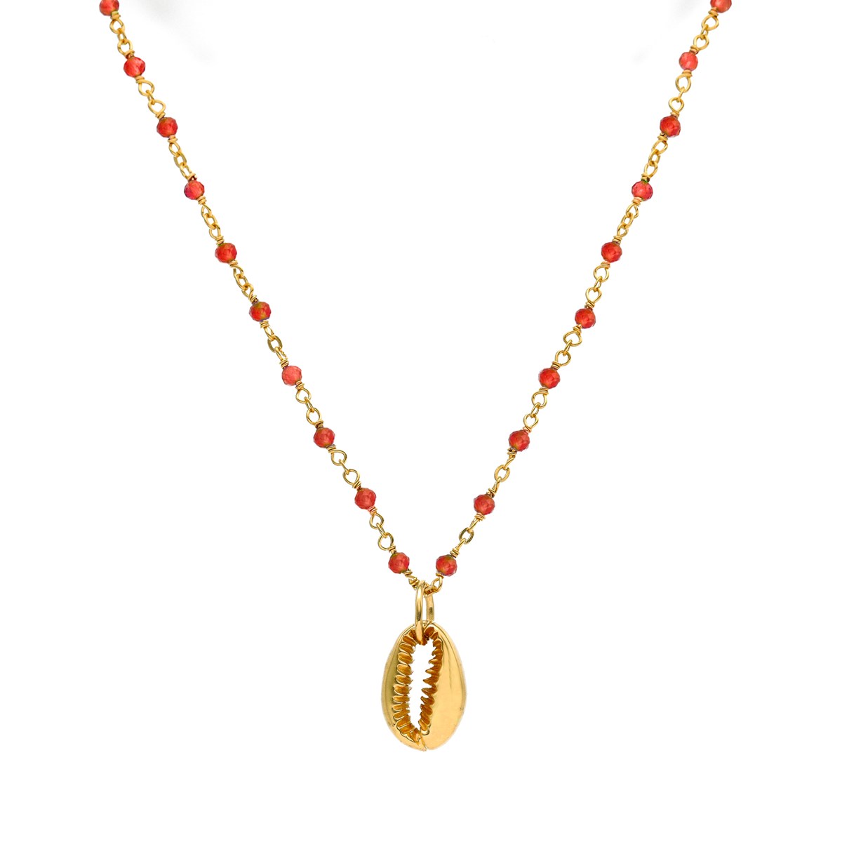 Collier Chaine En Argent Doré Avec Pierres Naturelles Onyx Rouge Et Coquillage