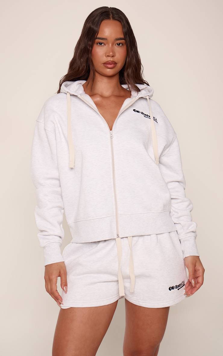Gris Sweat À Casynthétiqueche Zippé Avec Cordon De Serrage Contrasté Et Imprimé Boston Cendre