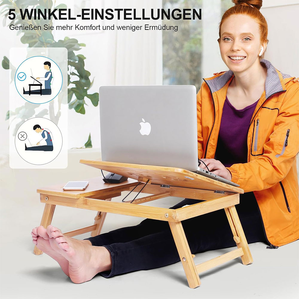 Verstellbarer Bambus Laptopständer Betttisch mit Mausablage und Aufbewahrungsschublade für Macbook / Laptop und Tablet (54x33x5cm)