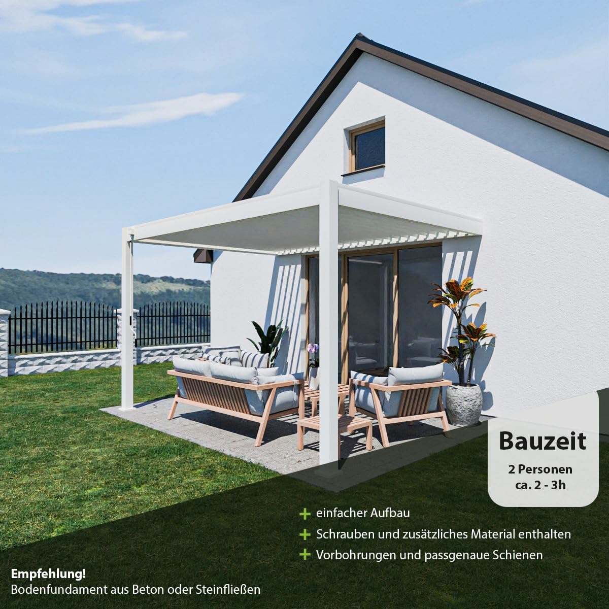 Pavillon Pergola 3x4m Terassenüberdachung mit Lamellendach verstellbar Gartenpavillon Hardtop wasserdicht stabil Winterfest Voll-Aluminium Grillpavillon Weide Premium Wall Weiß