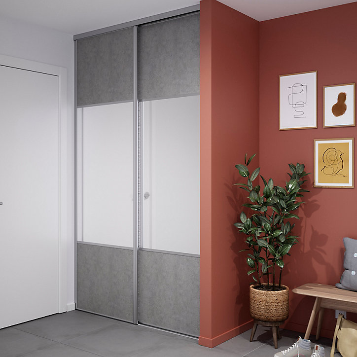 Porte de placard coulissante avec miroir béton profil gris GoodHome Arius H. 248,5 x L. 77.2 cm + amortisseurs
