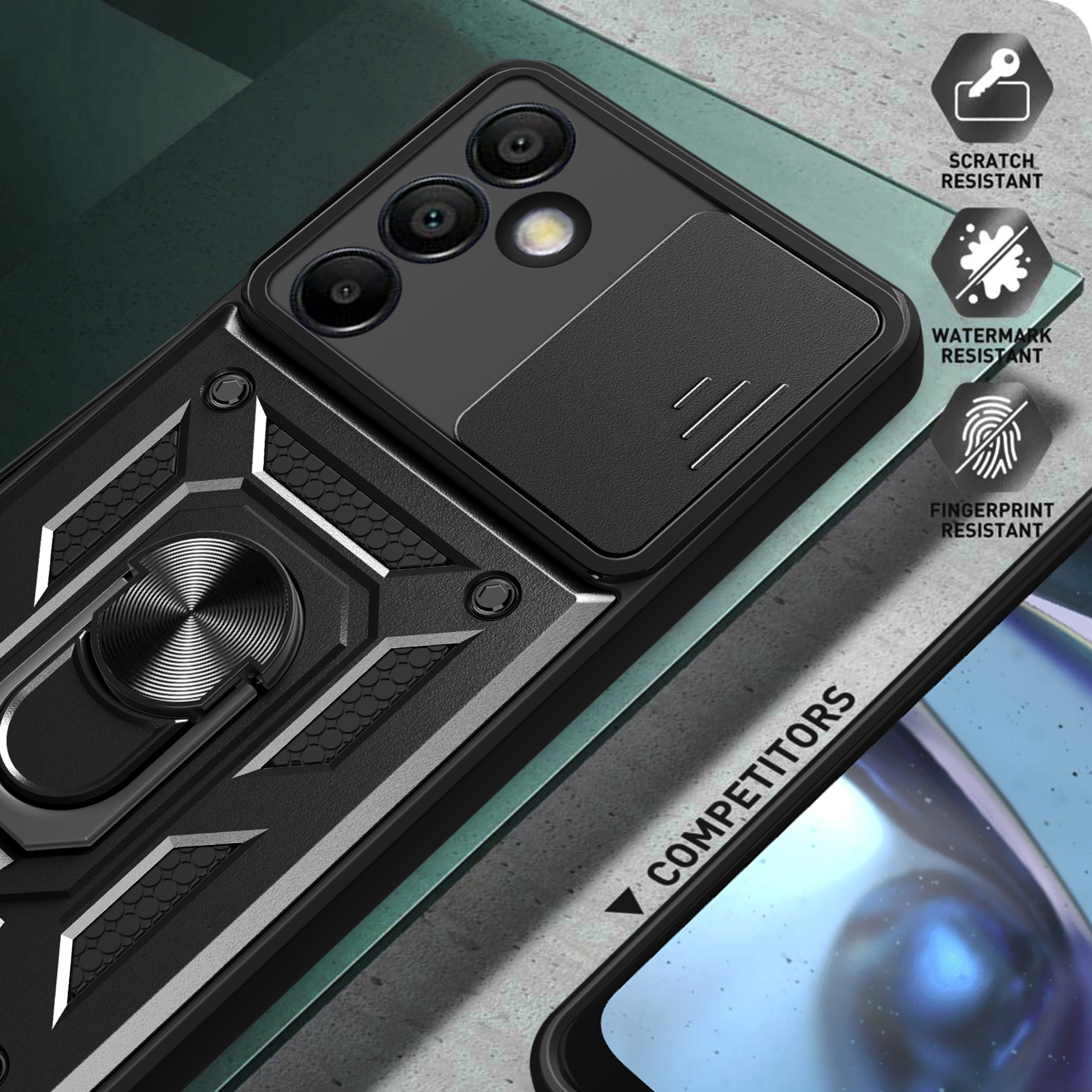 Samsung Galaxy S24 FE Hybrid Outdoor Hardcase Hülle mit Cam-Slider   Magnetischer Kickstand - Schwarz