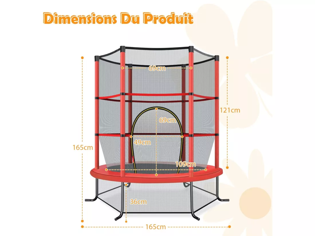 Trampoline de Jardin pour Enfants Ø165 CM avec Filet de Protection,Appuis de Ressorts et Structure en Acier, Rouge