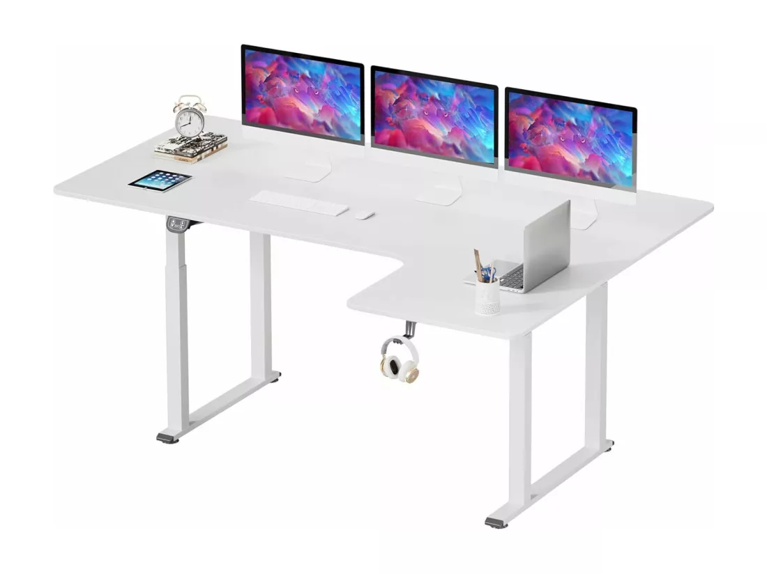 Bureau Assis Debout électrique réglable en hauteur,Bureau en L à 2 moteurs,Bureau d’angle,Panneau,Super stabilité,180x110x72-117cm,Moderne,Blanc