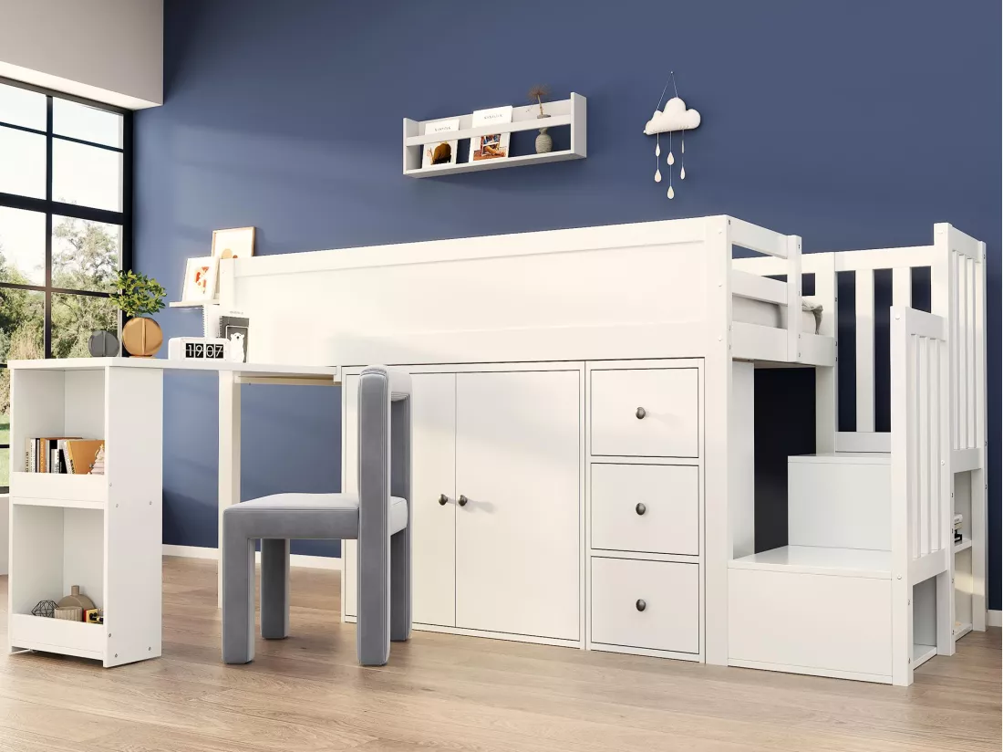 Lit mezzanine pour enfant 90x200cm- avec bureau coulissant + rangement latéral - avec armoire - avec escalier - Blanc