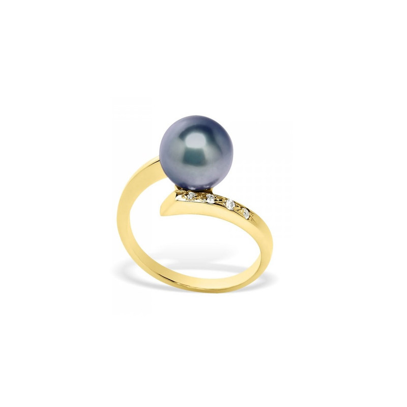 Bague Perle de Culture Noire, Diamants et Or jaune 375/1000