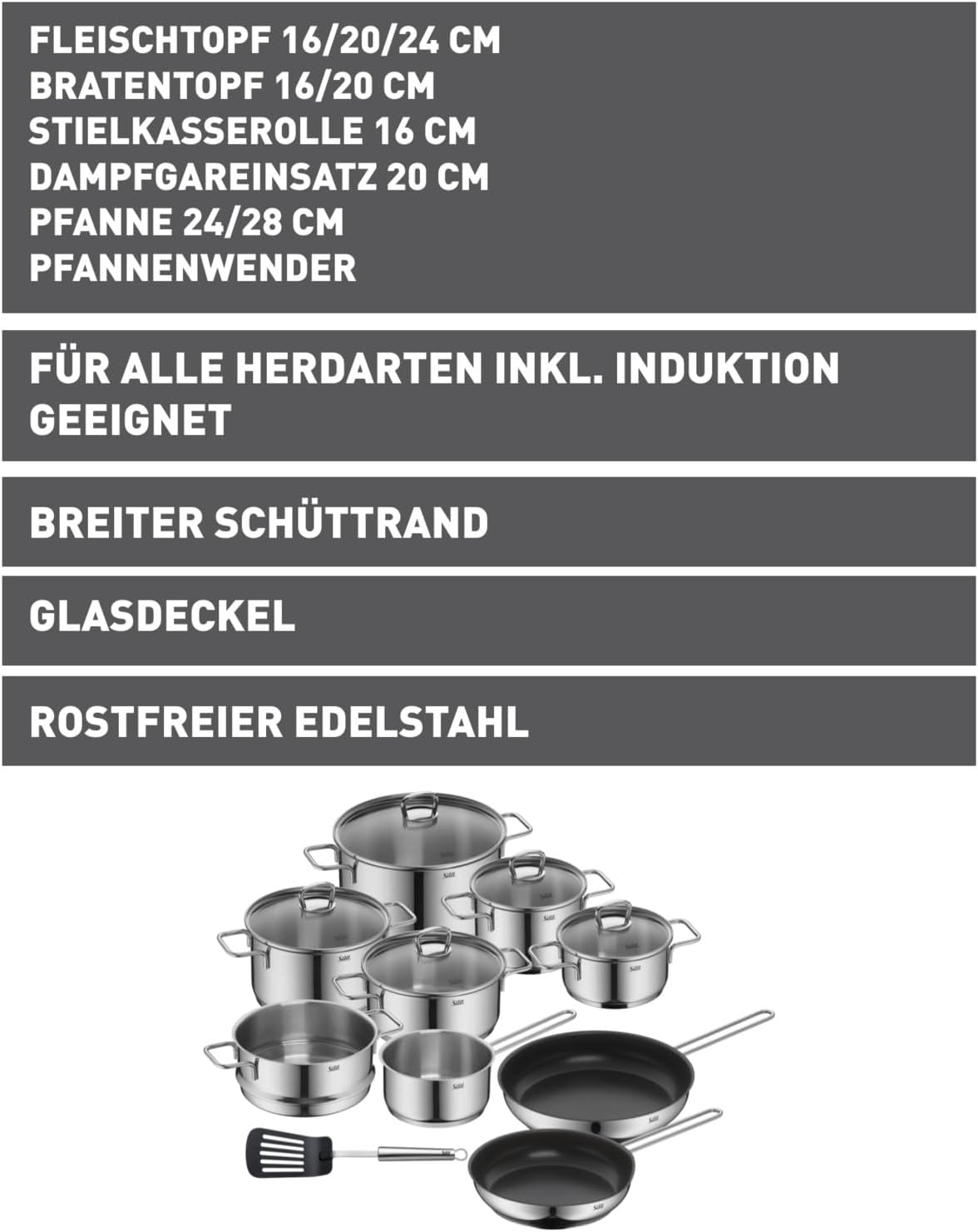Silit Alicante Topfset Induktion 10-teilig, Kochtopf Set mit Glasdeckel, Edelstahl poliert, Induktions Töpfe Set unbeschichtet