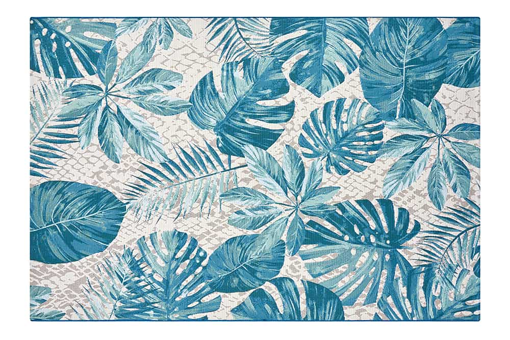 In- und Outdoor Teppich LEAF 175x120cm türkis weiß Blätter-Design Läufer wetterfest