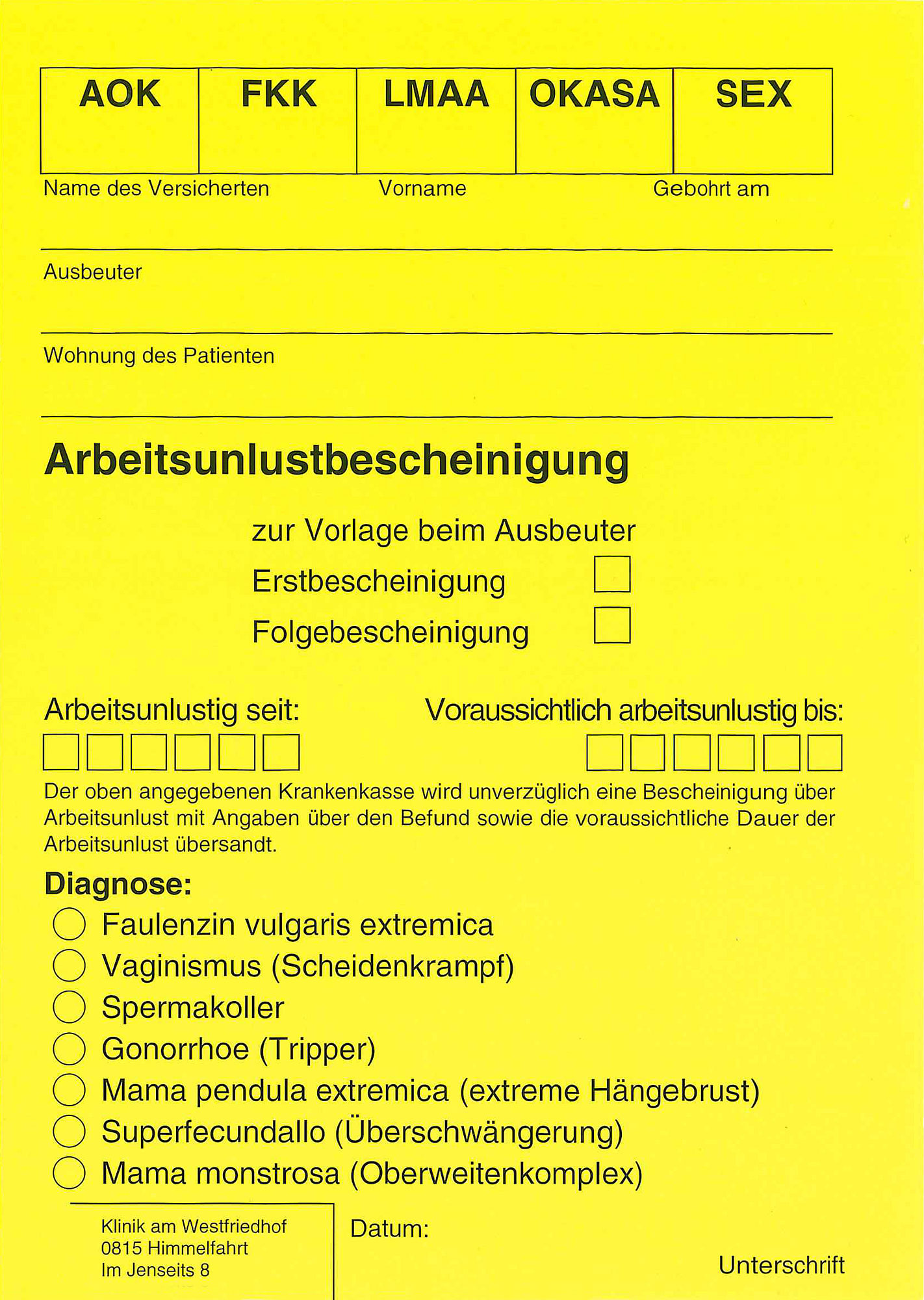 Postkarte 'Arbeitsunlustbescheinigung' günstig bestellen