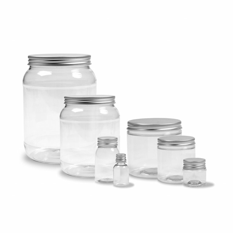 Kunststoffdosen transparent, mit Aluschraubdeckel