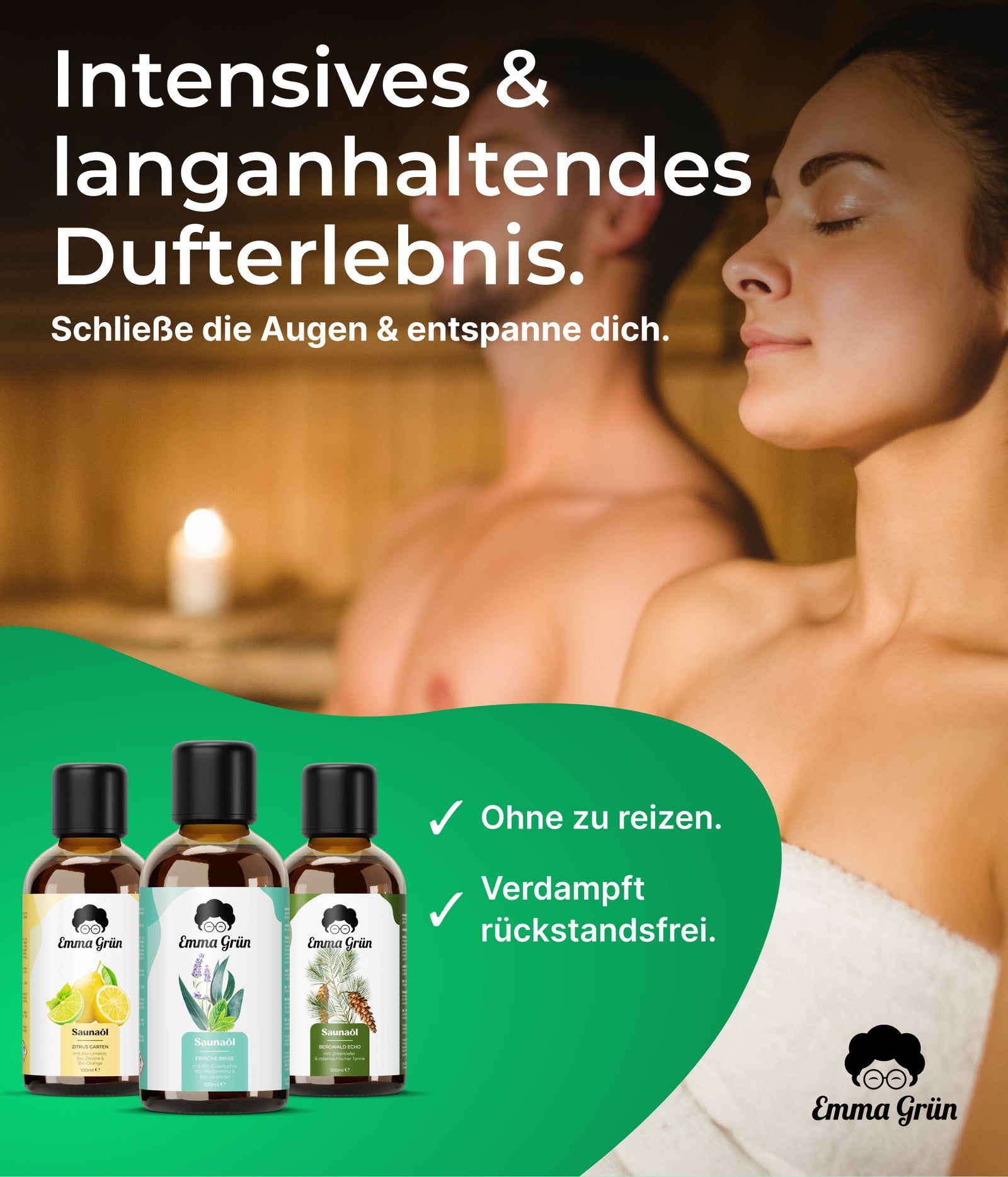 Emma Grün® Bio Saunaaufguss Set mit Bergwald Echo, Frische Brise & Zitrus Garten