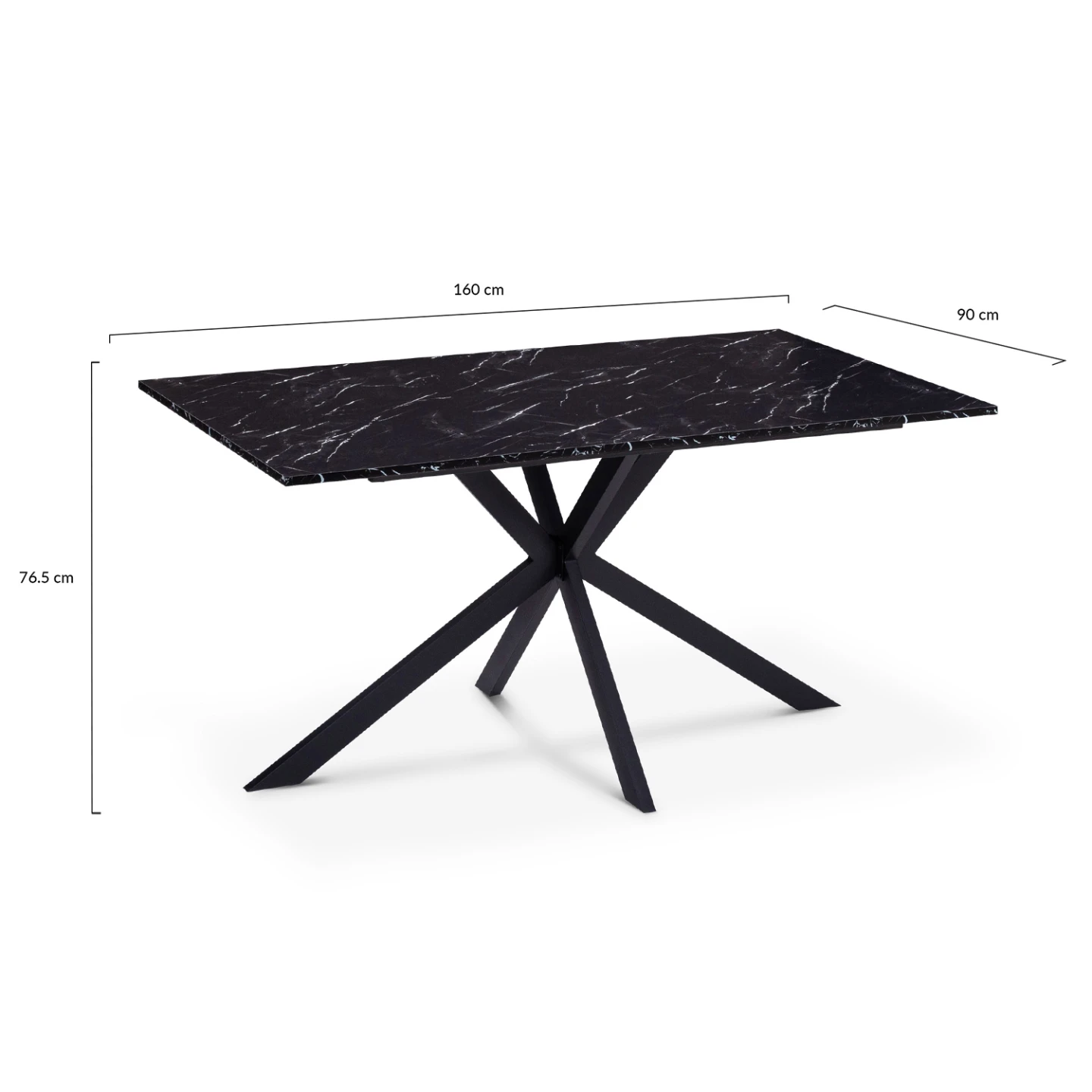 Table à manger rectangle ALIX 8 personnes pied araignée noir et plateau effet marbre noir ALASKA 160 cm