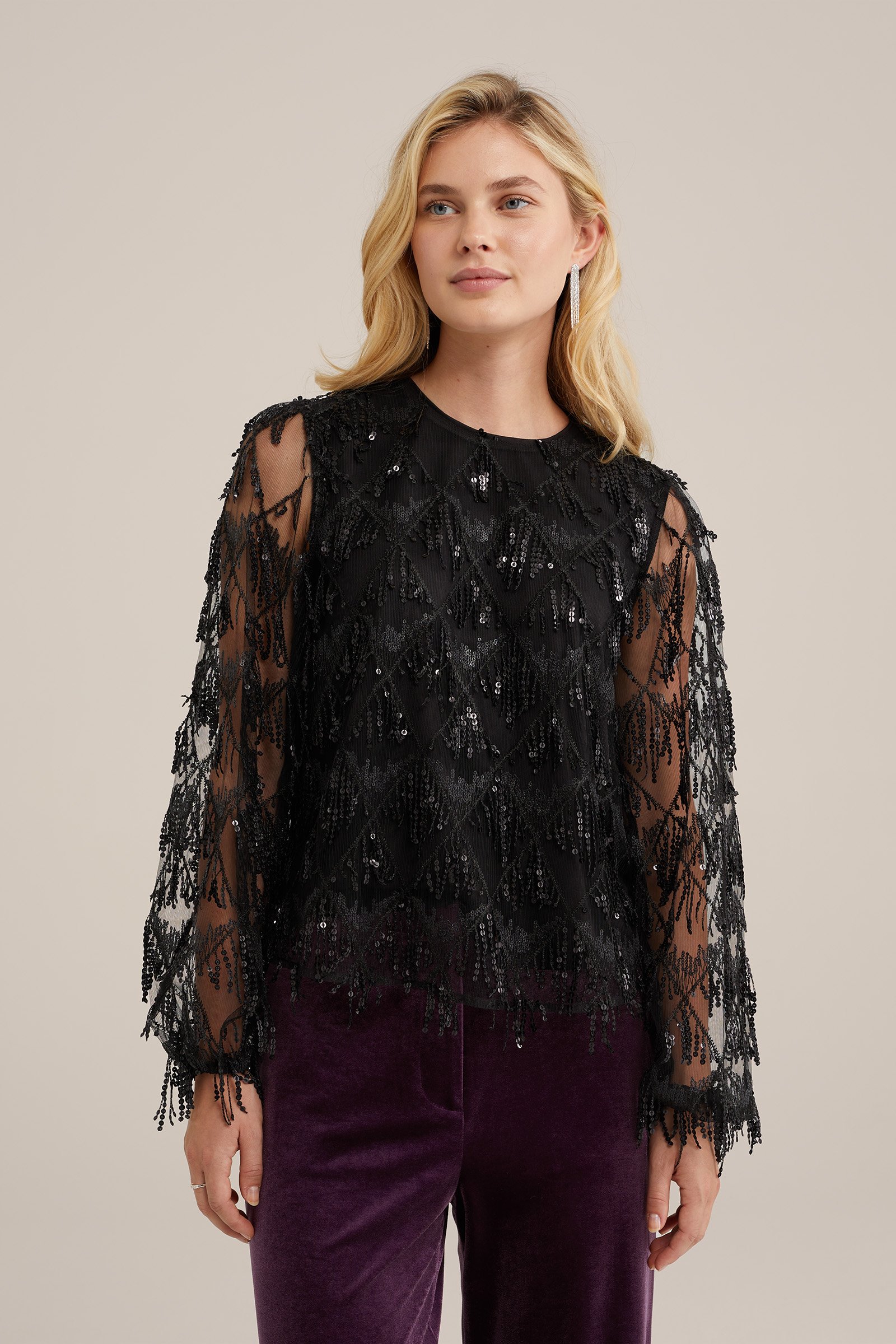 blouse met pailletten WE Fashion Zwart