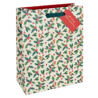 Holly Sprigs And Robins Lrg Portrait Gift Bag
