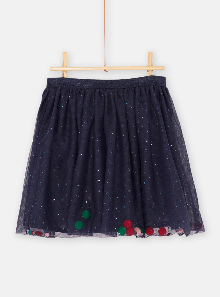 Jupe marine avec boules de fausse fourrure pour fille