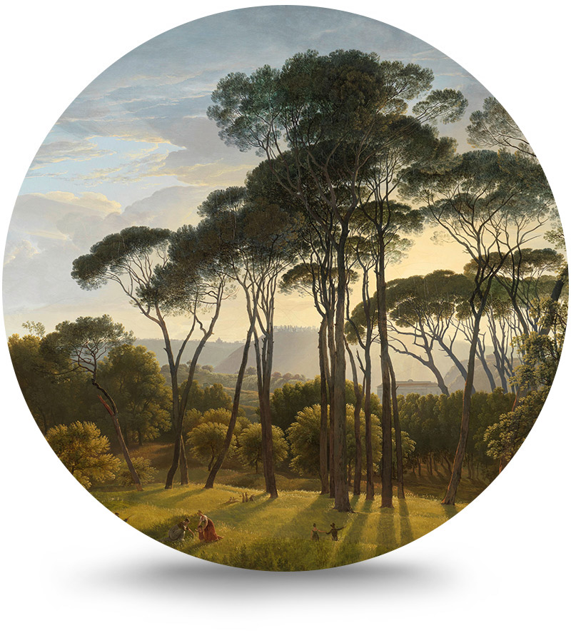 Rond schilderij aluminium Italiaans landschap met parasoldennen 80 cm