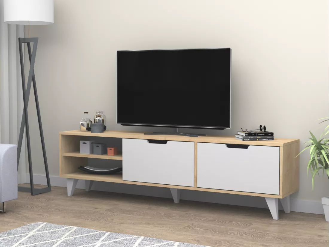 Meuble TV avec 2 portes et 2 niches - Blanc et Naturel - CORENIA
