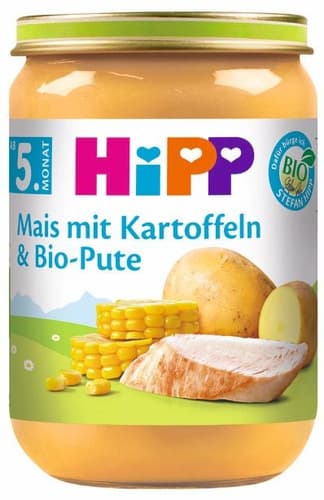 HiPP Bio Menüs ab dem 5. Monat Mais mit Kartoffeln und Bio-Pute
