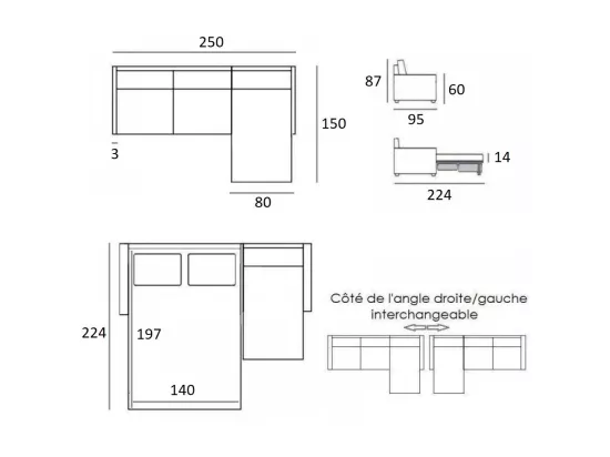 Canapé d'angle réversible convertible GAIN DE PLACE gris silver express couchage 140 cm