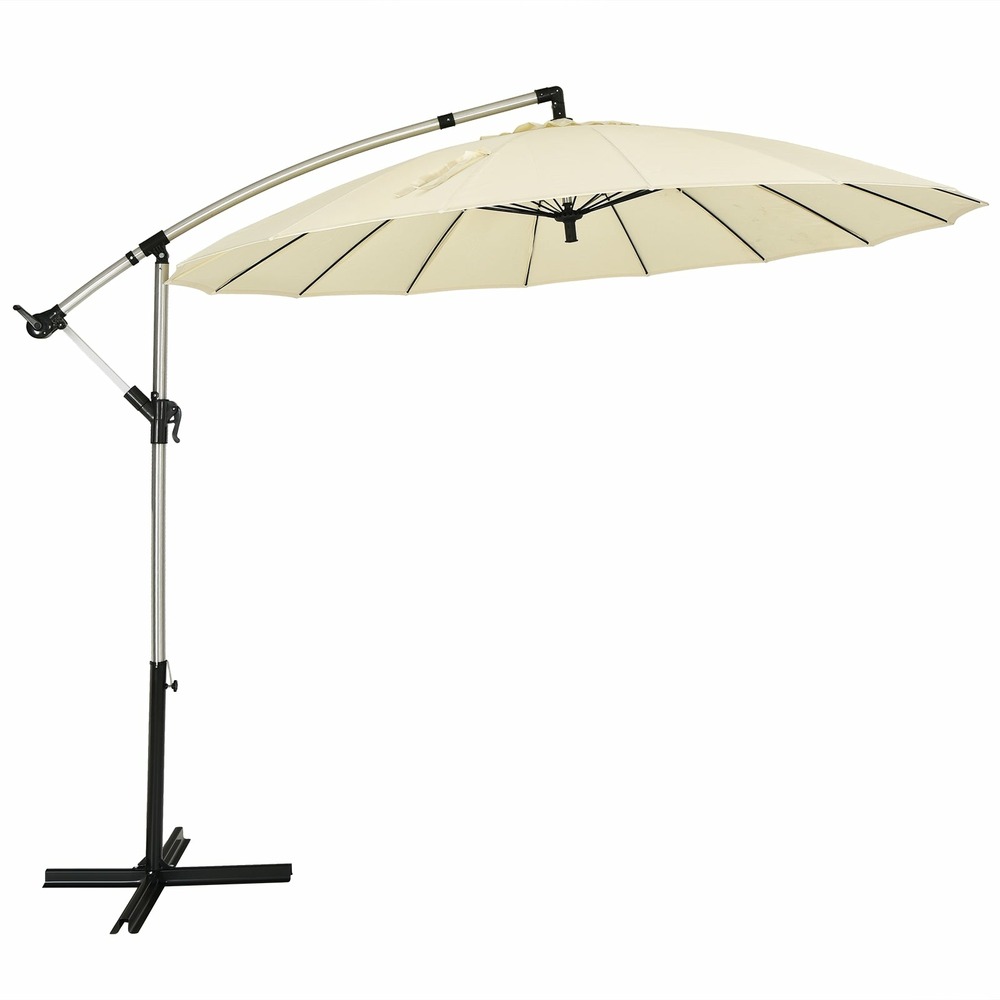 Parasol de jardin déporté 3 m avec manivelle inclinable pied en croix 16 baleines fibre de verre hauteur 2 66m pour jardin be
