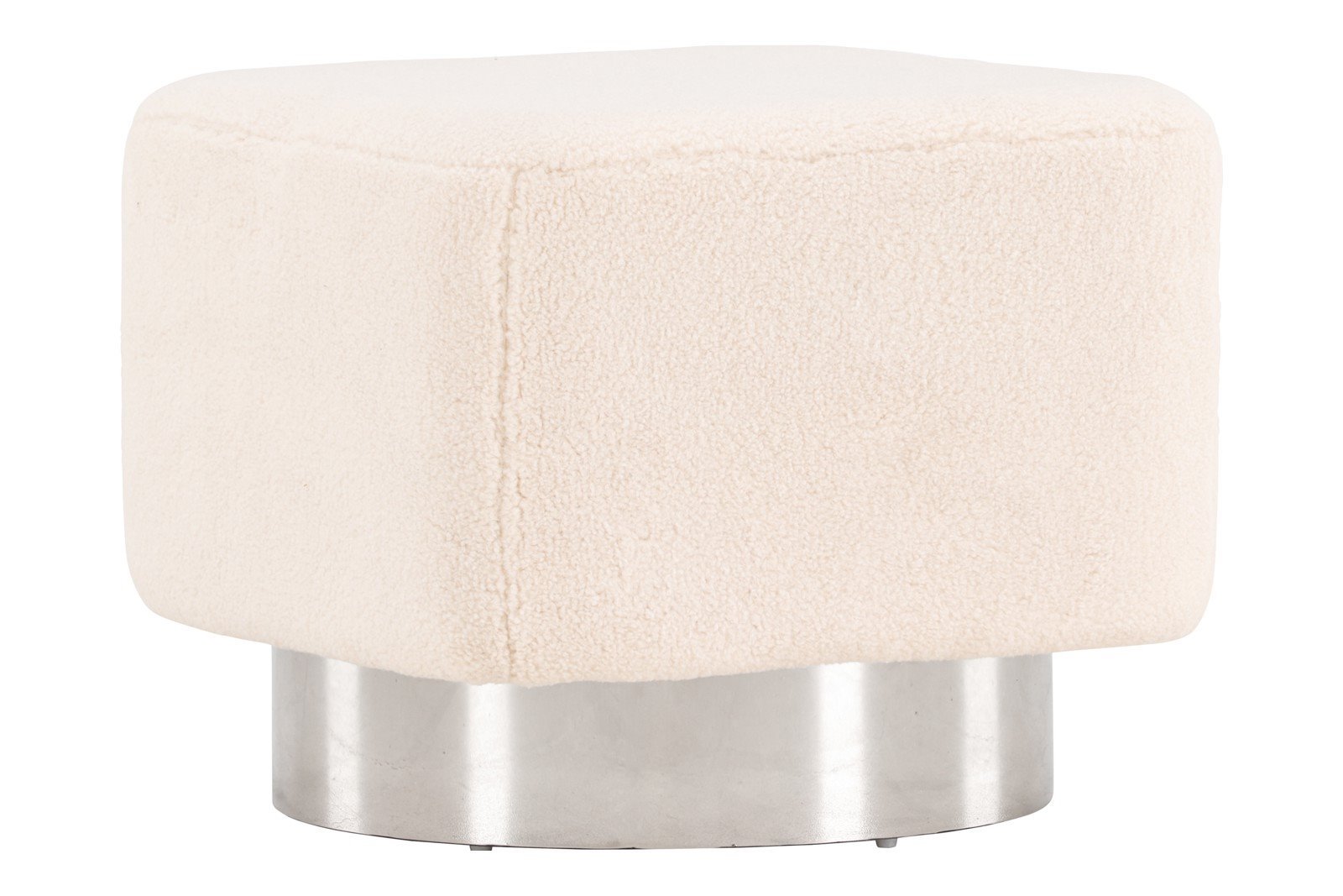 Newton puff Tekstil Teddy Off-white med sølvfarget stålbase. 45x45cm.