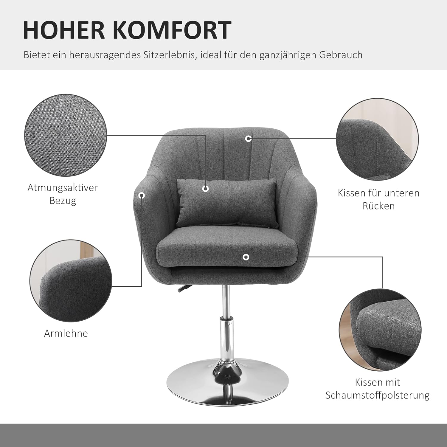 HOMCOM Sessel Loungesessel mit Armlehne, Lendenkissen, Gepolstert Relaxsessel mit Metallrahmen, Leinenoptik, Höhenverstellbar Drehstuhl für Schlafzimmer, Wohnzimmer, Dunkelgrau