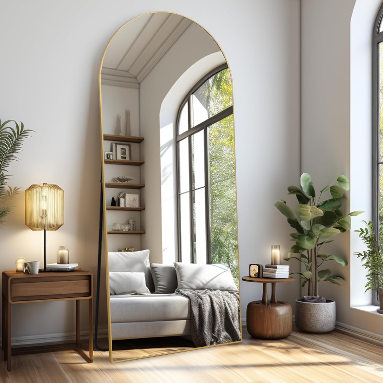 Gewölbter Spiegel Ganzkörperspiegel 180 x 76 cm Stehspiegel Bodenspiegel Groß Standspiegel für Schlafzimmer Wohnzimmer Flur Eingang Wandspiegel Gold