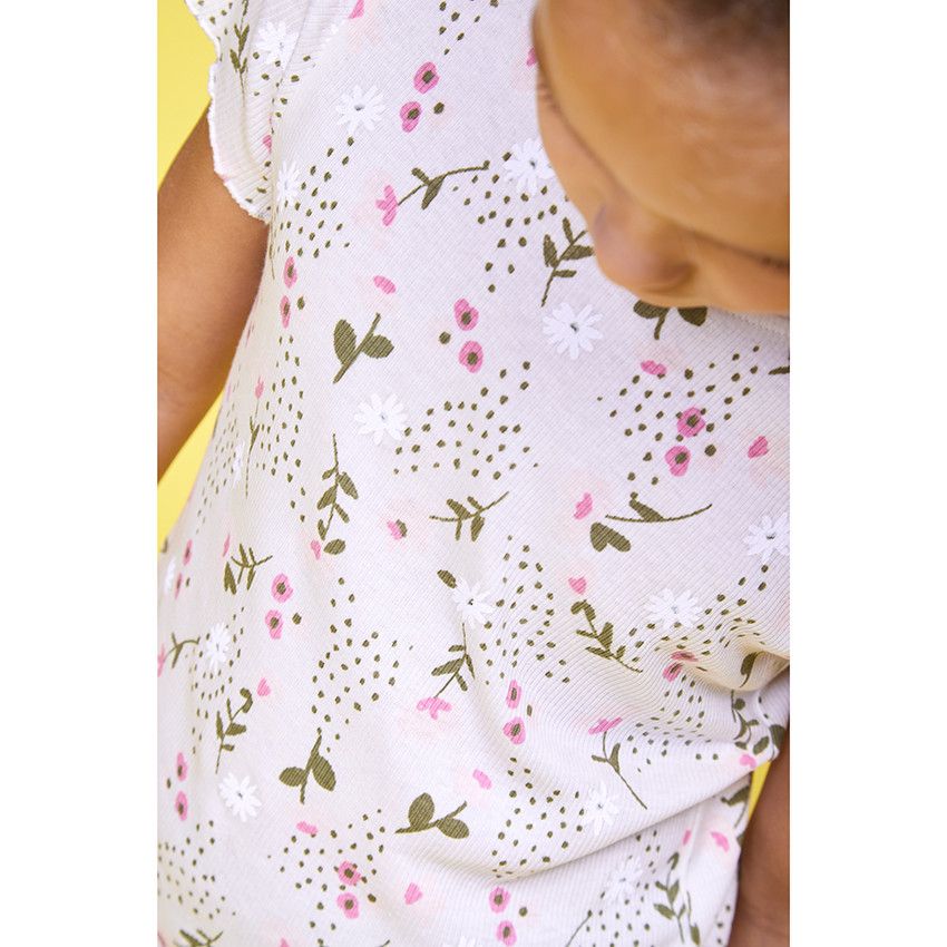T-shirt manches courtes en jersey côtelé imprimé fleuri pour fille - Ecru