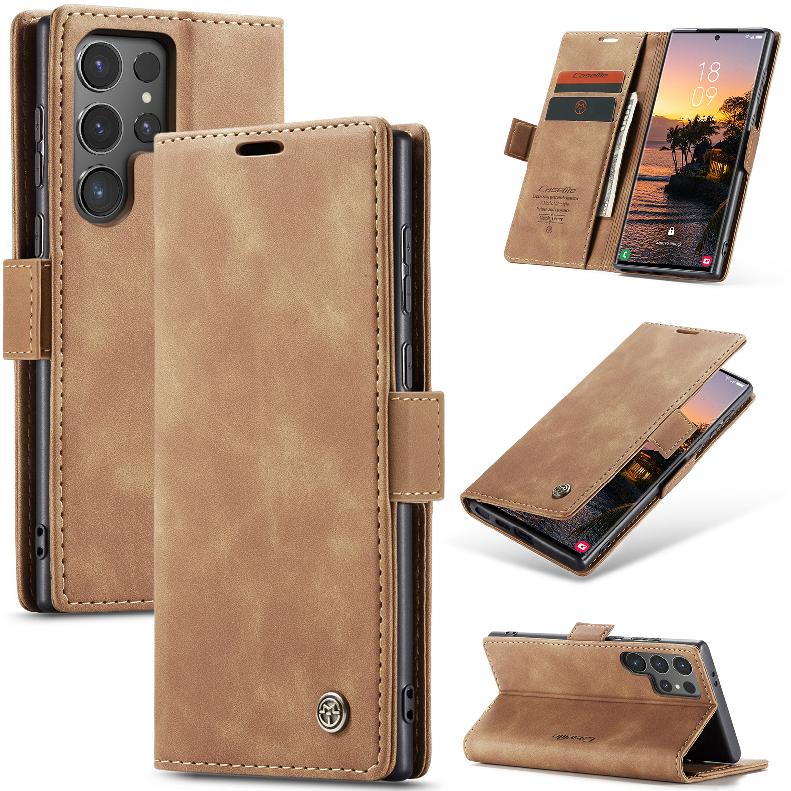 Samsung Galaxy S25 Ultra Leder Tasche Flip Wallet Etui mit Kartenfächern - Hellbraun