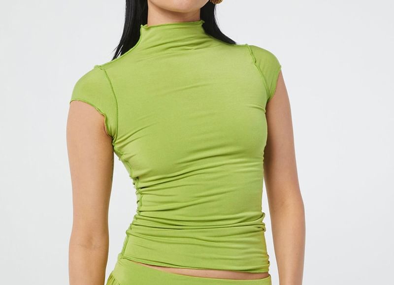 VIBBO - T-shirt met korte mouwen en geplooide hals, effen