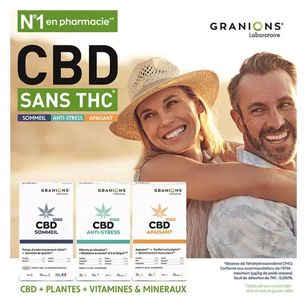 Granions CBD Anti-Stress - Cannabidiol + Ashwagandha - Sans THC - 30 Comprimés