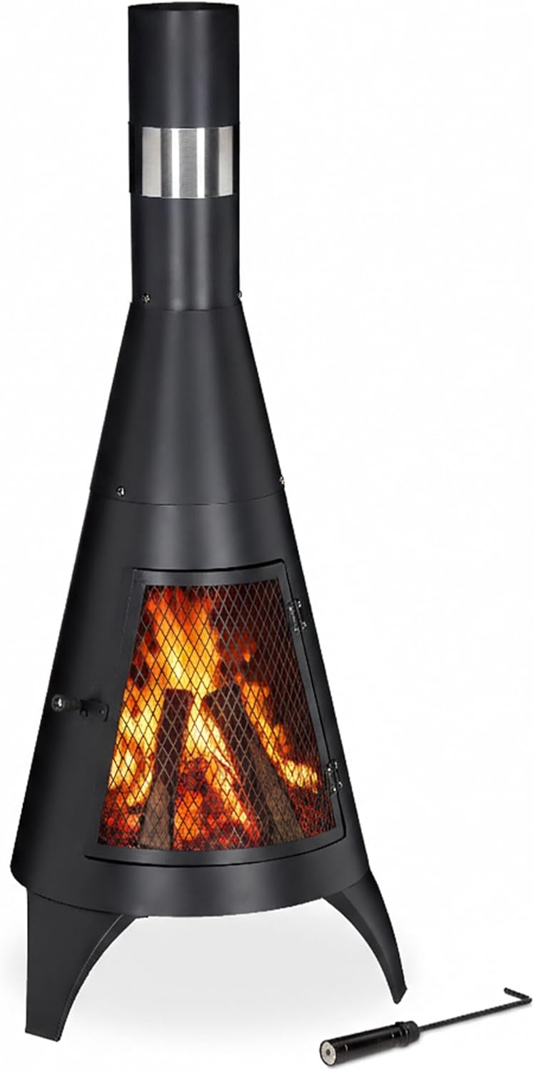 Relaxdays Terrassenofen mit Funkenschutz Tür, dekorative Feuerstelle für Holz, Gartenofen, HxD: 120x45cm, Stahl, schwarz