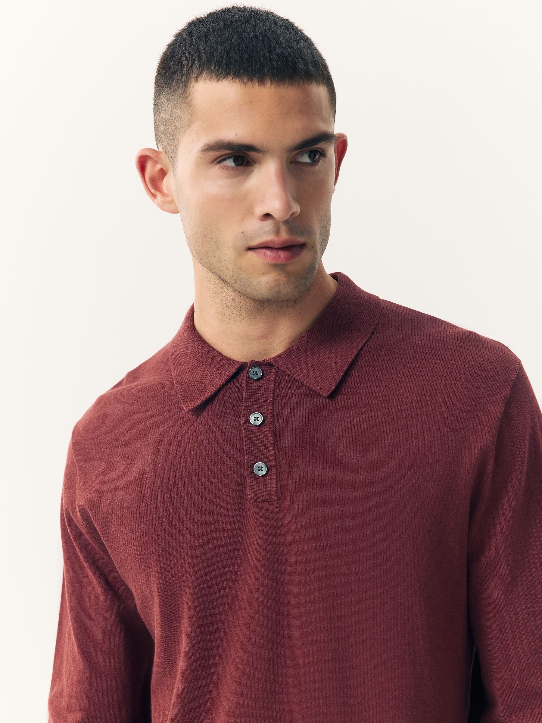 Rood - Normale Pasvorm - Katoenrijk gebreid poloshirt met lange mouwen