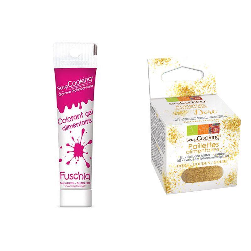 Colorant alimentaire en gel fuschia + paillettes dorées Scrapcooking