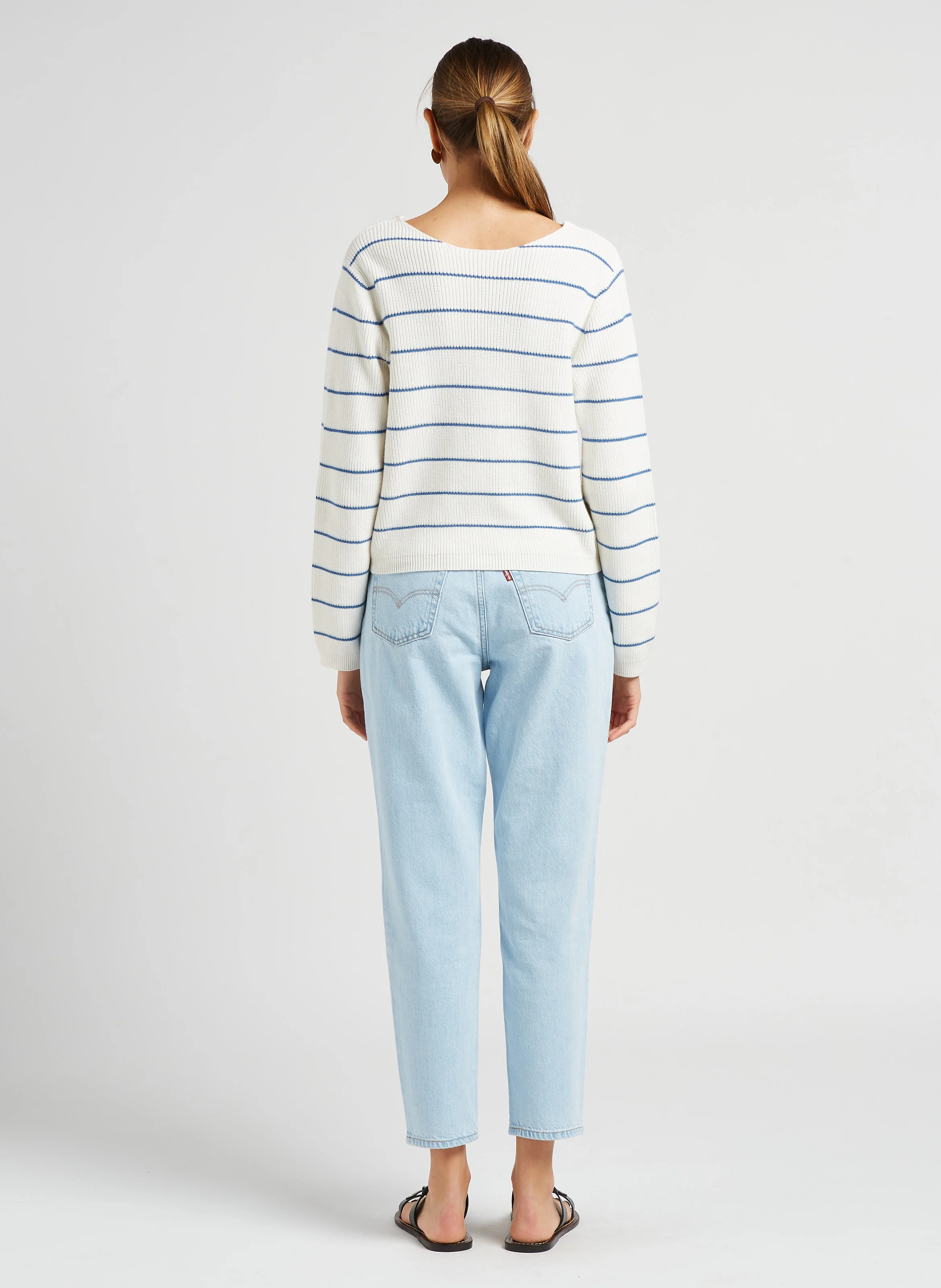 Pull col bateau rayé en coton| Blanc