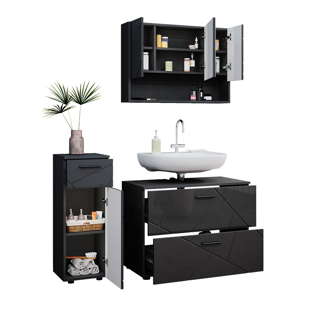 Vicco Badmöbelset Irma Anthrazit Hochglanz modern 80 cm 30 cm Badezimmerschrank Badschrank Badezimmermöbel Waschtischunterschrank Spiegelschrank Midischrank Schranktür Schrankfach Schrankschublade