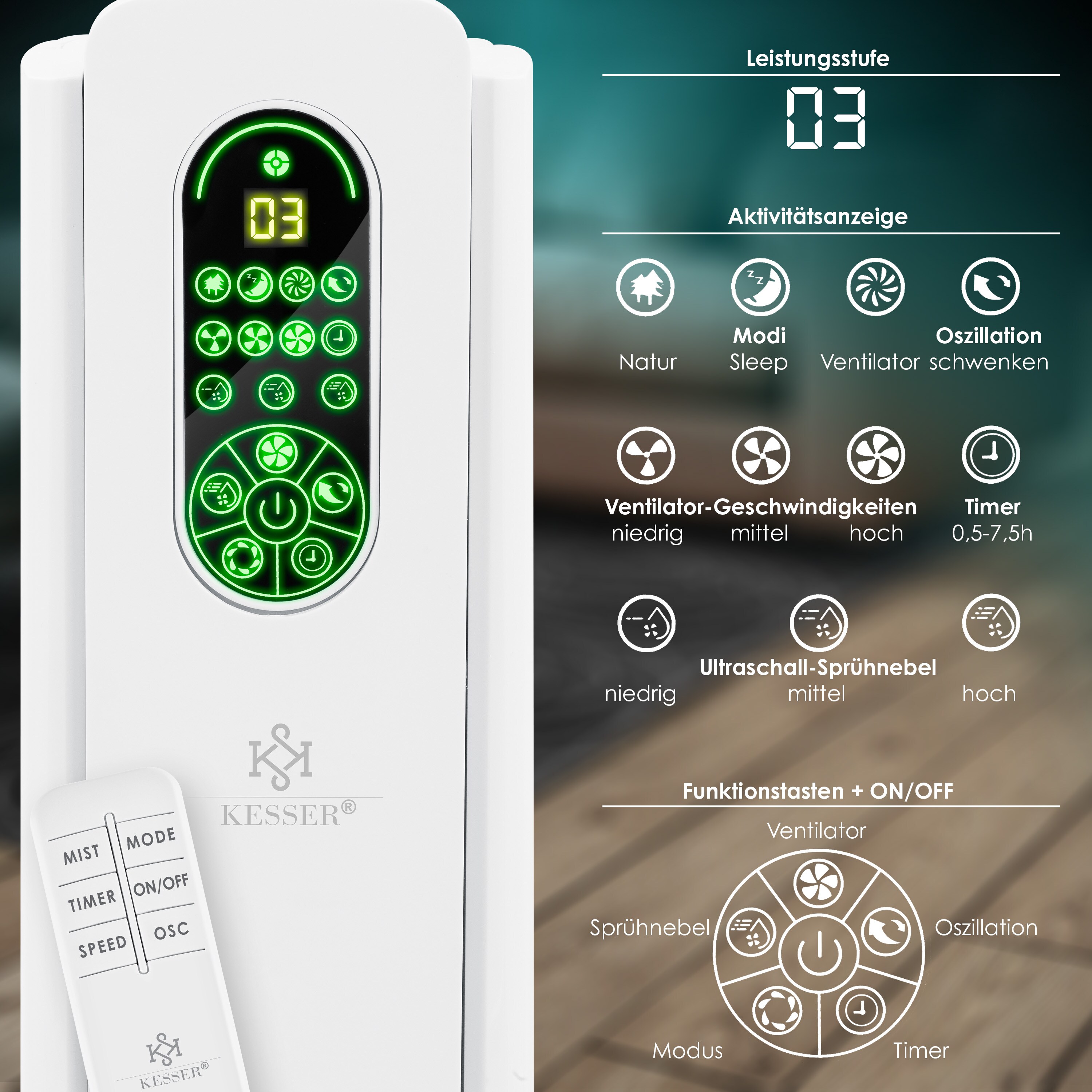 KESSER® Stand-Ventilator Frosty mit Wasser Ultraschall-Sprühnebel Wasserkühlung , inkl. Fernbedienung Timer-Funktion , Luftbefeuchter Leise ,Nebelfunktion , Raumbefeuchter , Standventilator