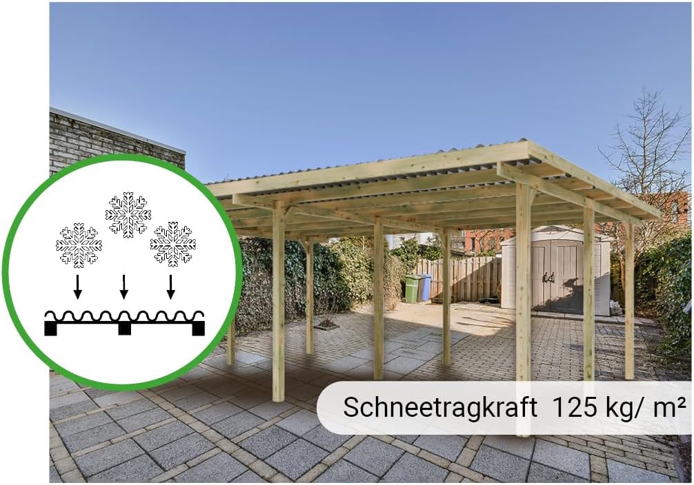 Holz Doppel-Carport | 595 x 495 cm | 210 cm hoch | Fichte Kiefer Carport | mit UV-Schutz | 9er Pfosten | inkl. Dacheindeckung