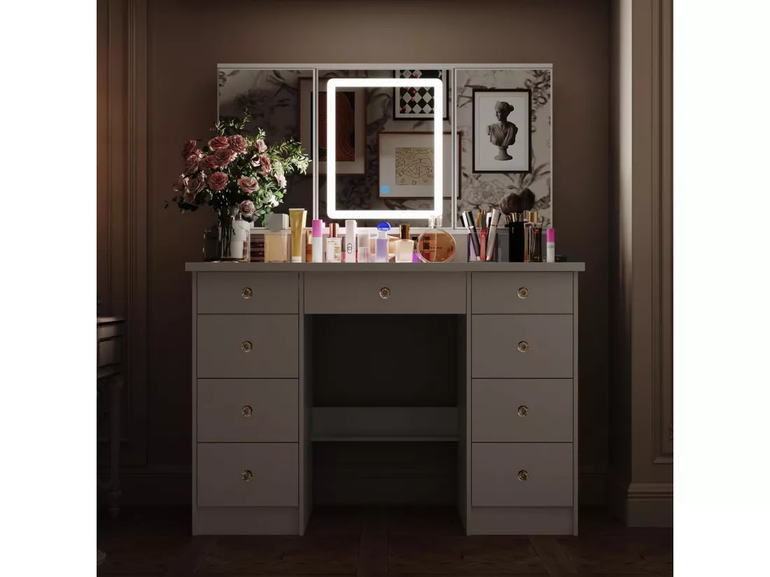 Coiffeuse avec éclairage LED et miroir rectangulaire surdimensionné 50x110x137cm Blanc