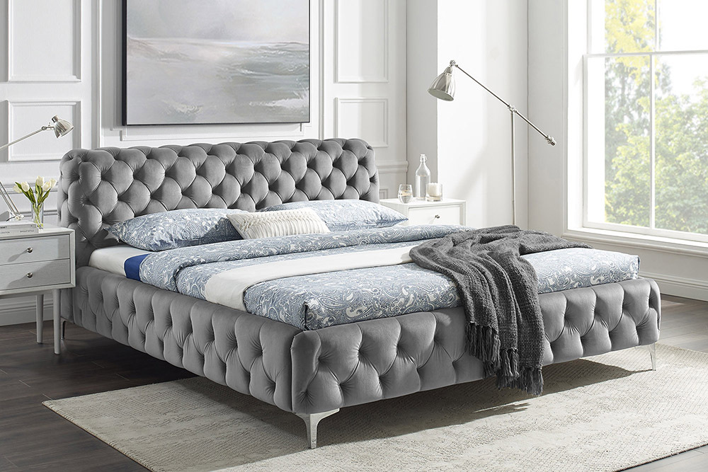 Design Doppelbett MODERN BAROCK 180x200cm grau Samt Chesterfield